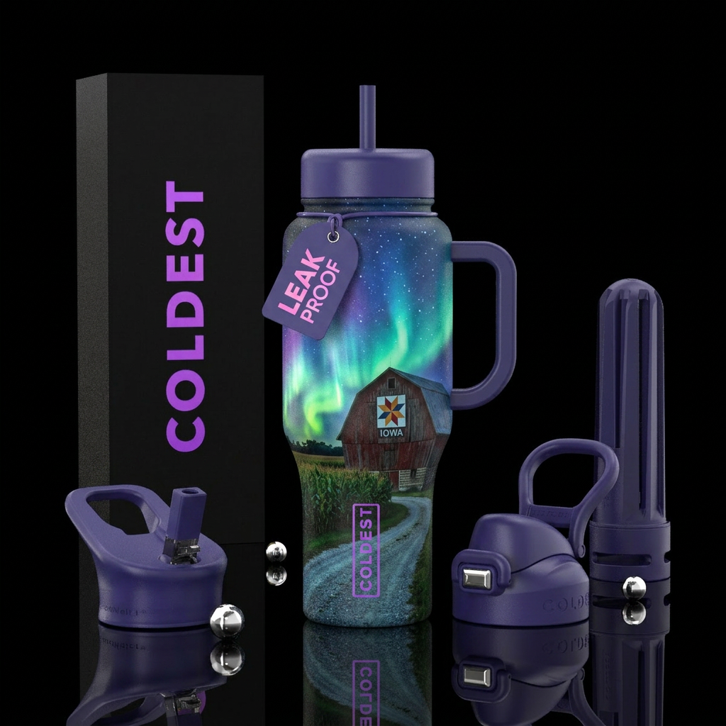 rustic barn iowa, realism, northern lights water bottle design