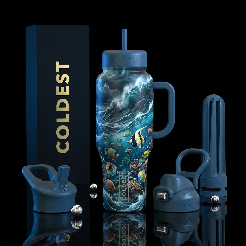 tropical fish, stormy seas water bottle design
