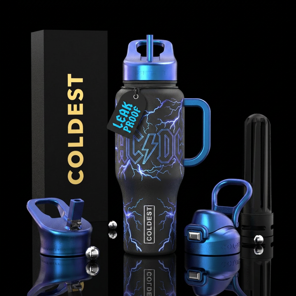 rock and roll, electric, laser ac/dc water bottle design