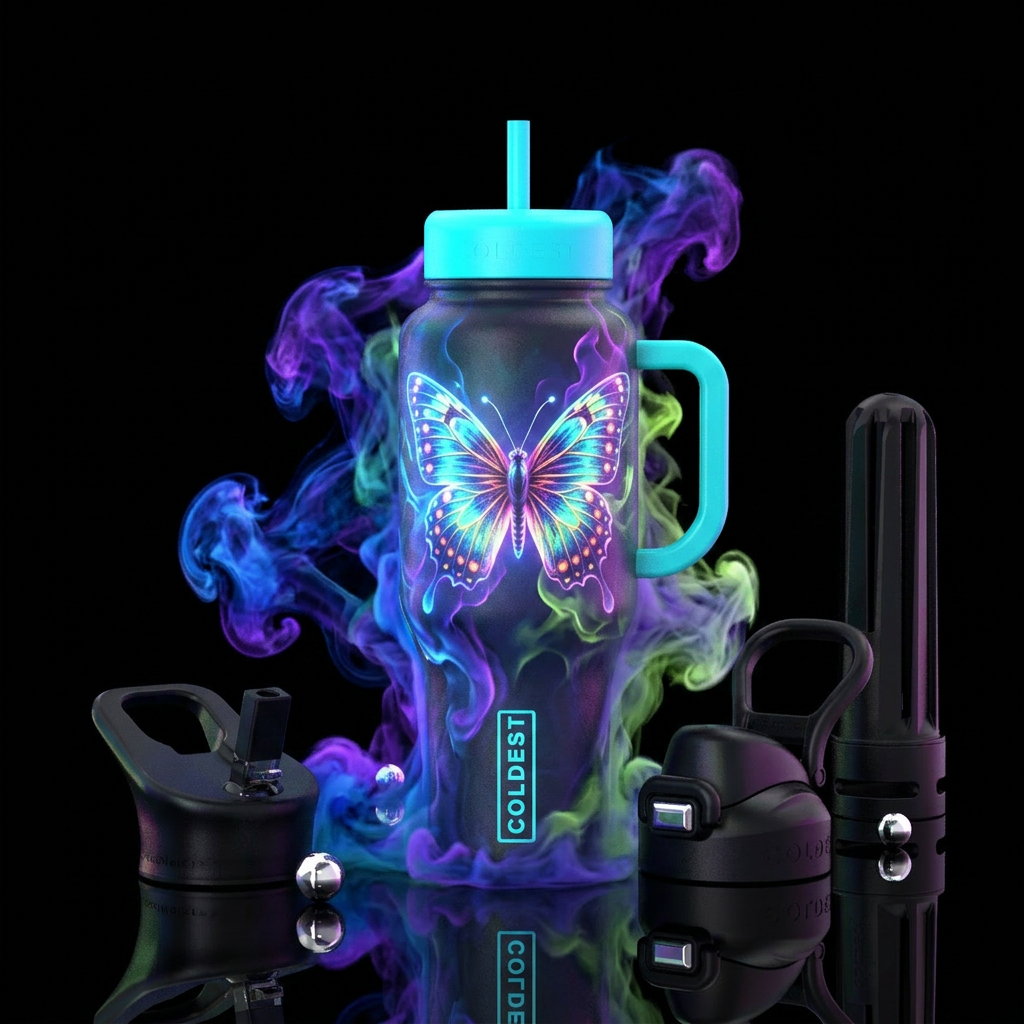 butterfly, glowie, smoke water bottle design