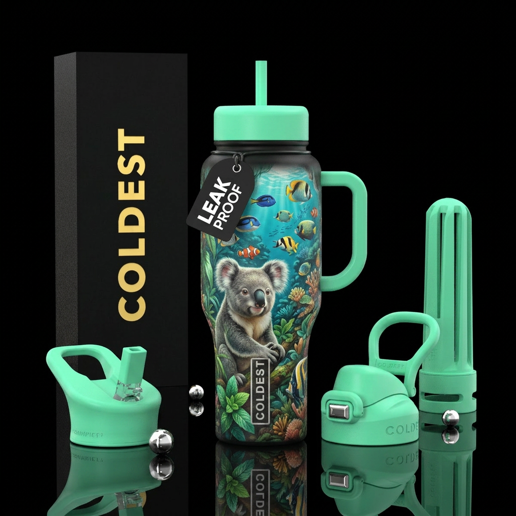 sensual, romanticism, koala, mint, tropical fish water bottle design