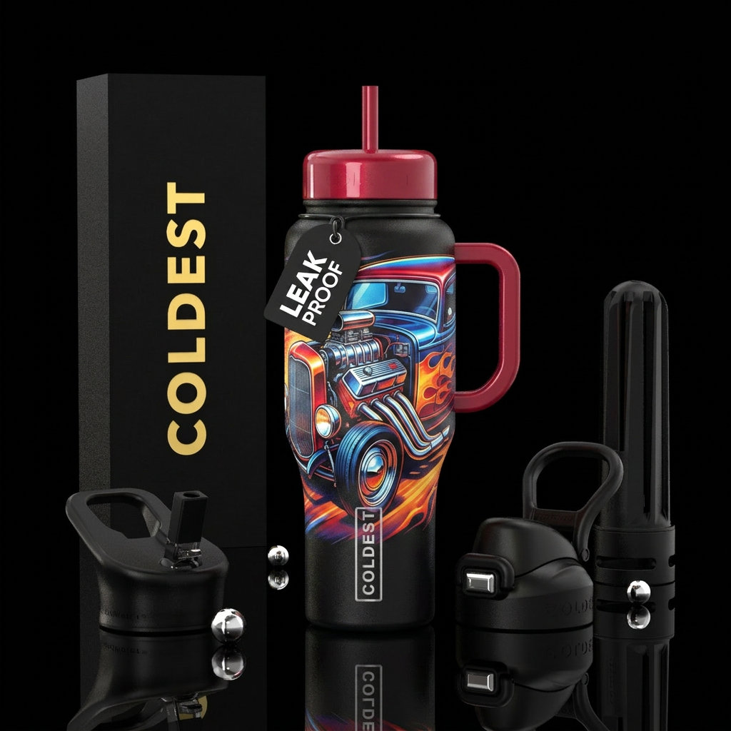 retro 80s hot rod car water bottle design