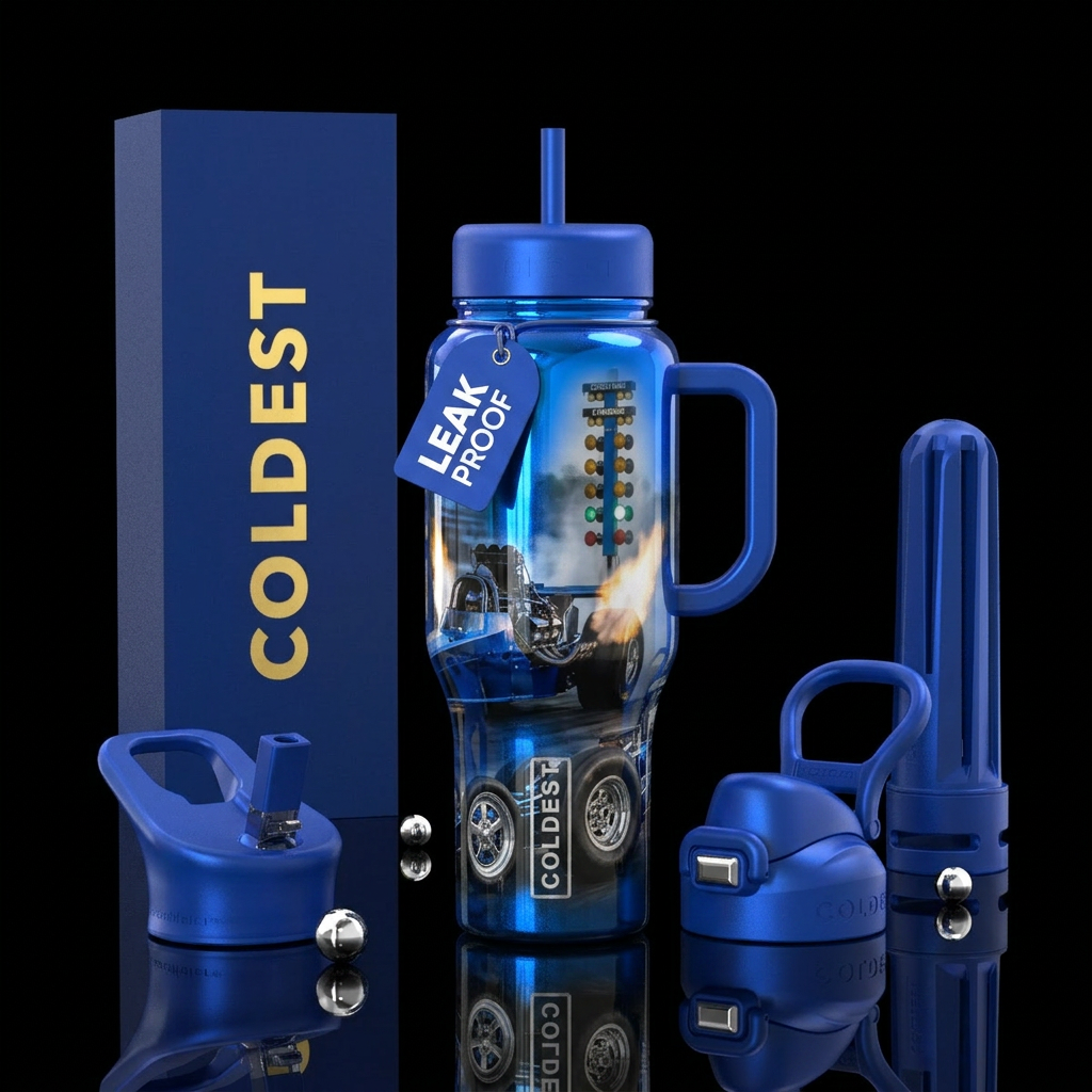 drag racing car blue water bottle design