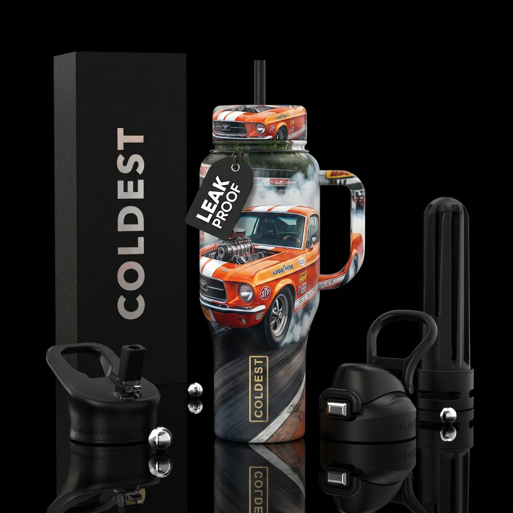 mustang, drag racing water bottle design