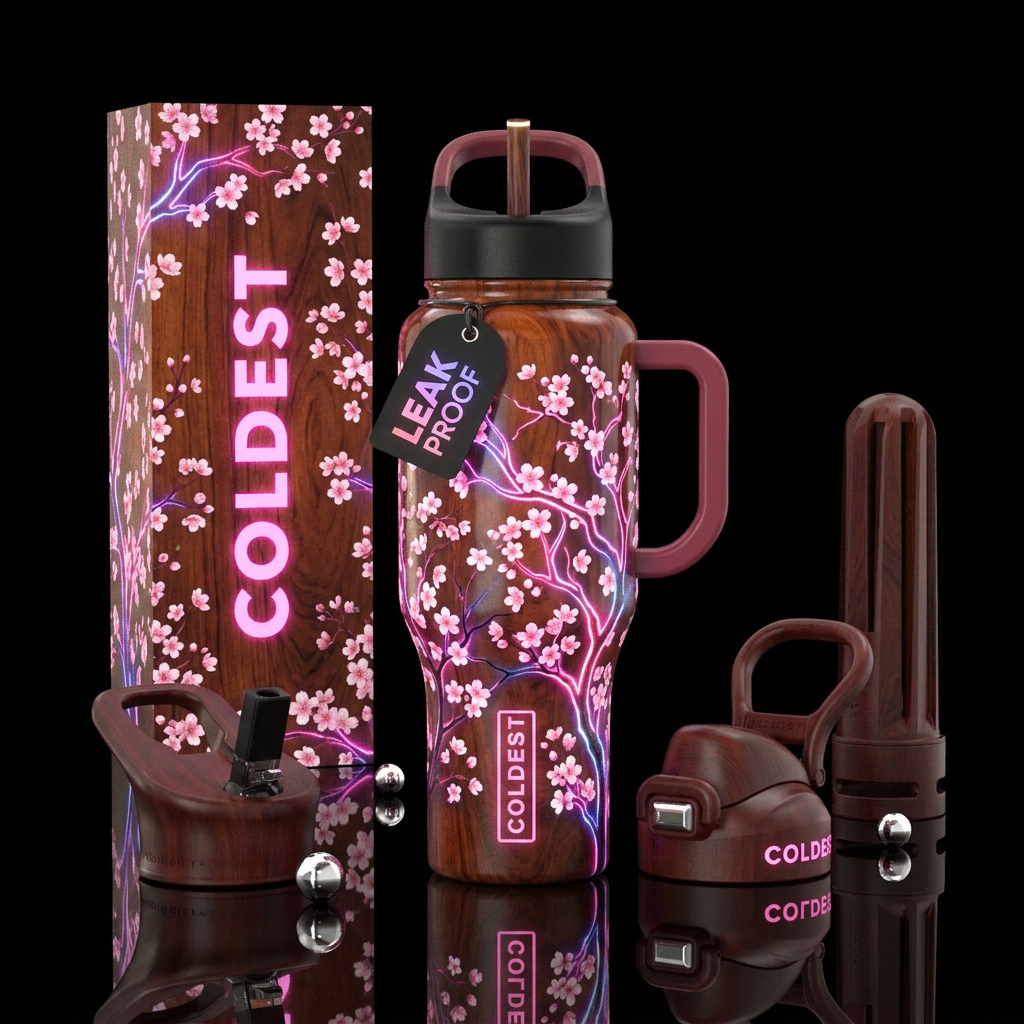 wood, cherry blossom season, trees, glowie water bottle design