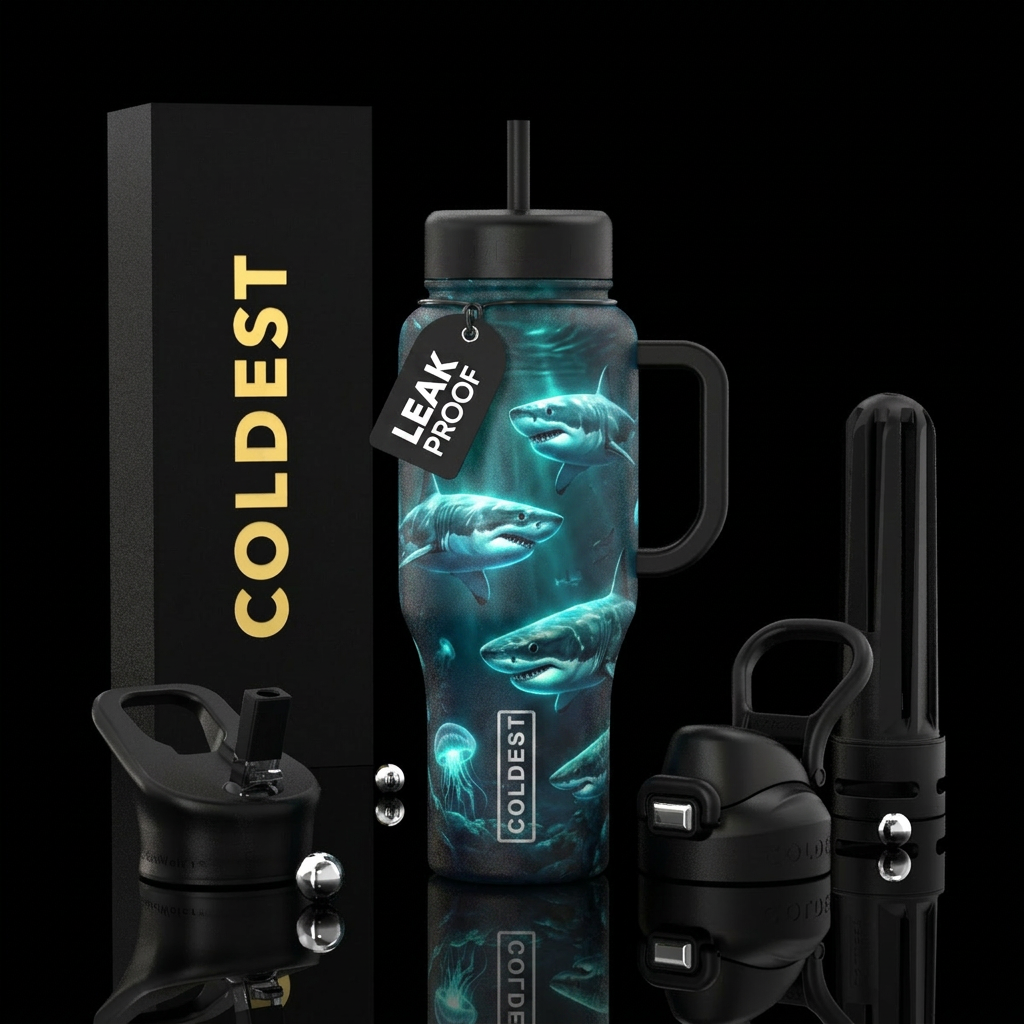underwater, great whites sharkes, glowie water bottle design