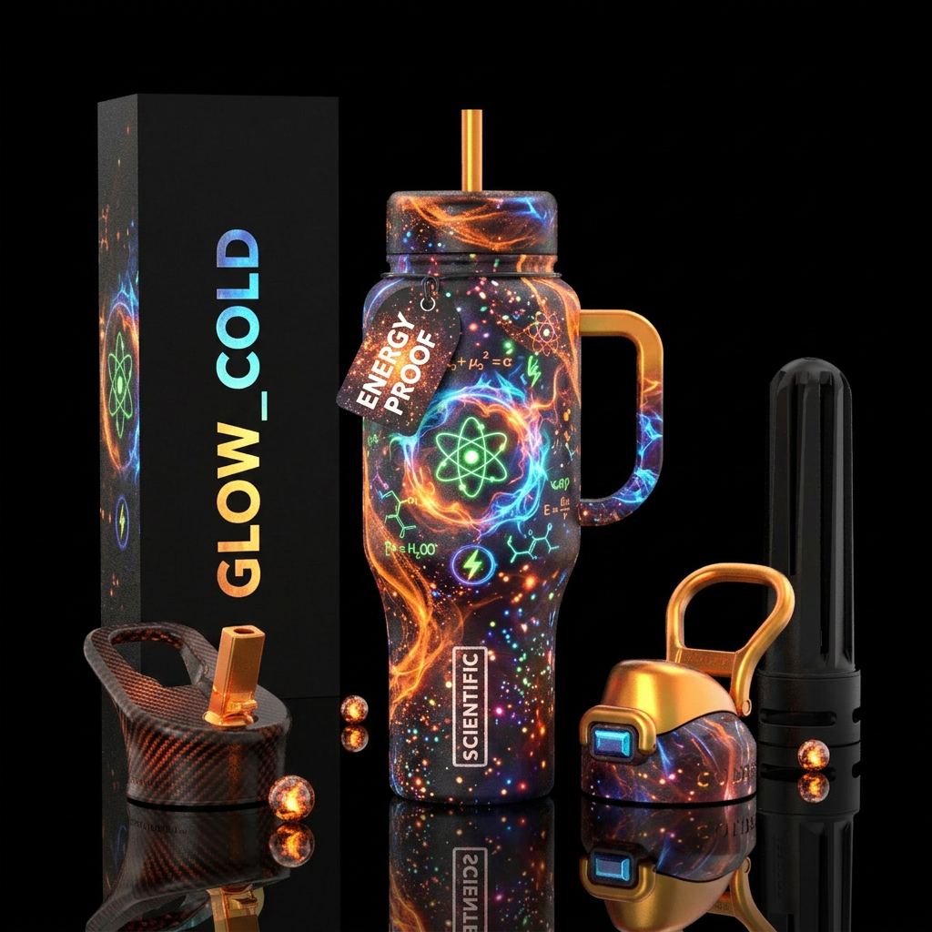 glowie, firery, scientific, sparkly water bottle design