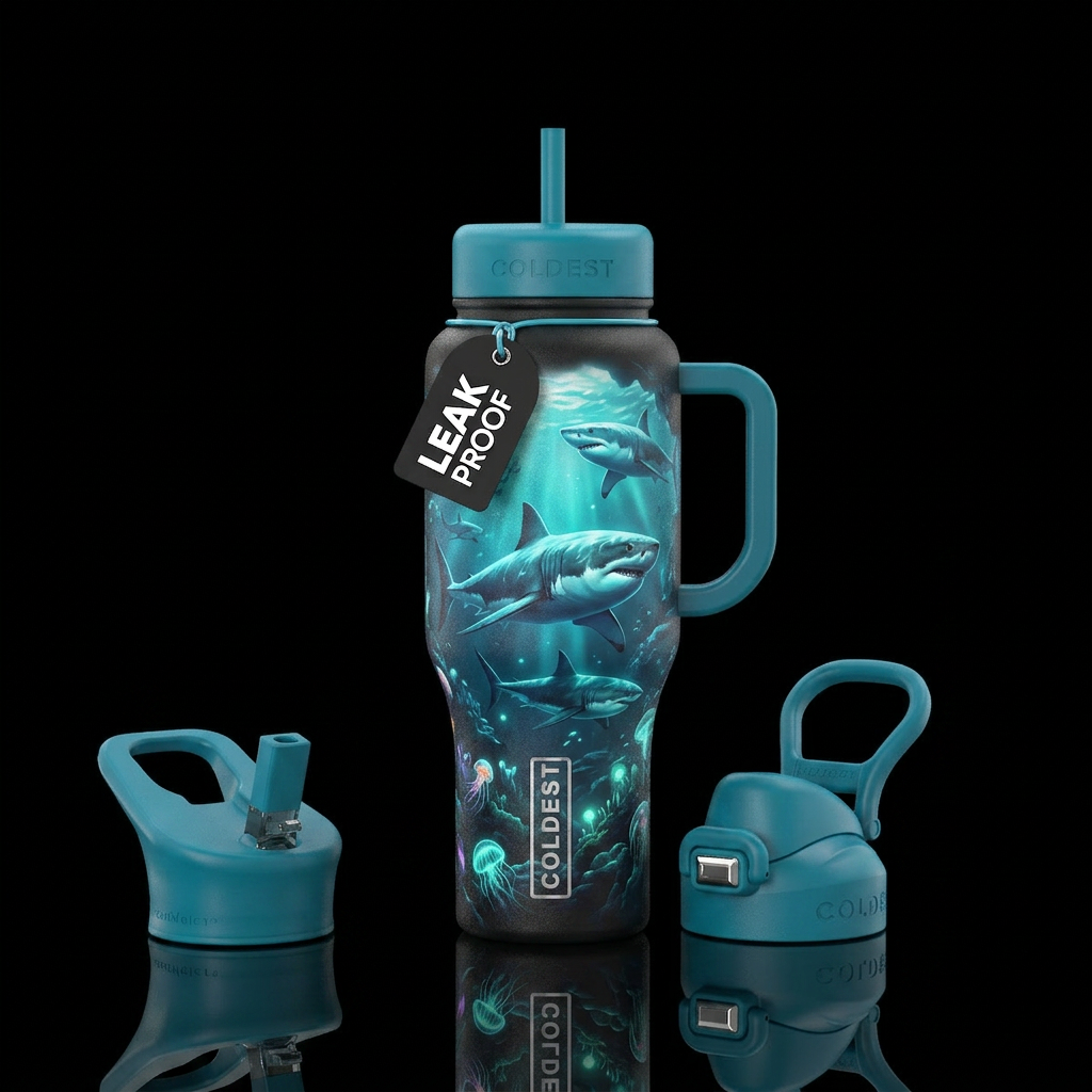 underwater, great whites sharkes, glowie water bottle design