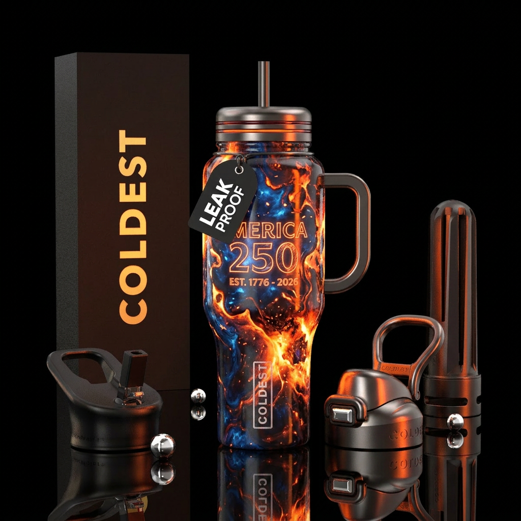 America 250 birthday, explosive, firery, glowie water bottle design