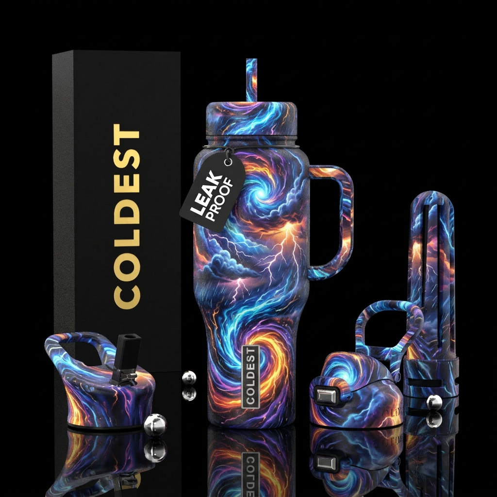 glowie, artistic, thunder storms,, realism, swirls water bottle design