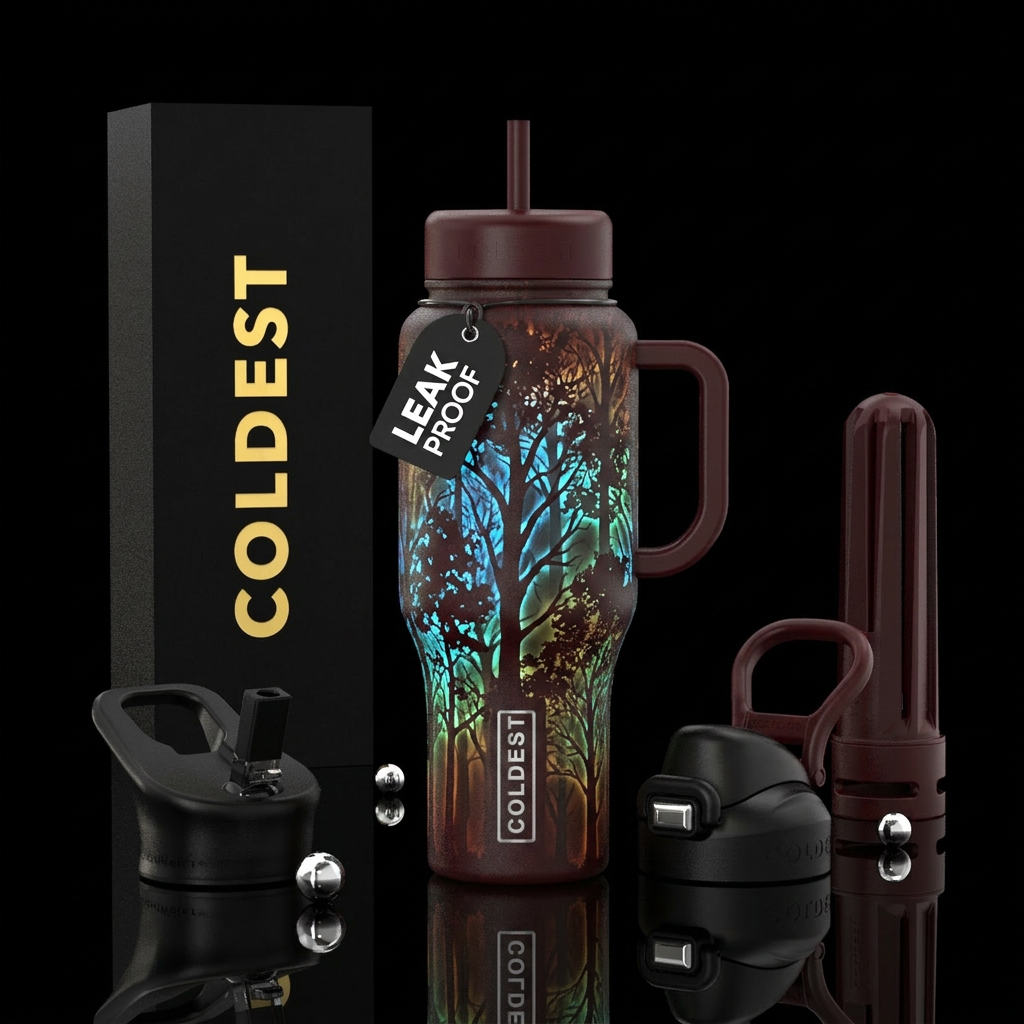 glowie, oxblood, trees water bottle design