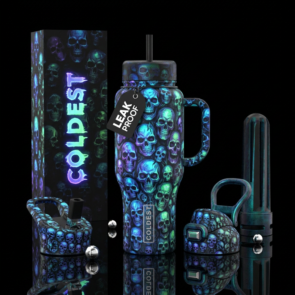 glowie, haunted, scary skulls water bottle design