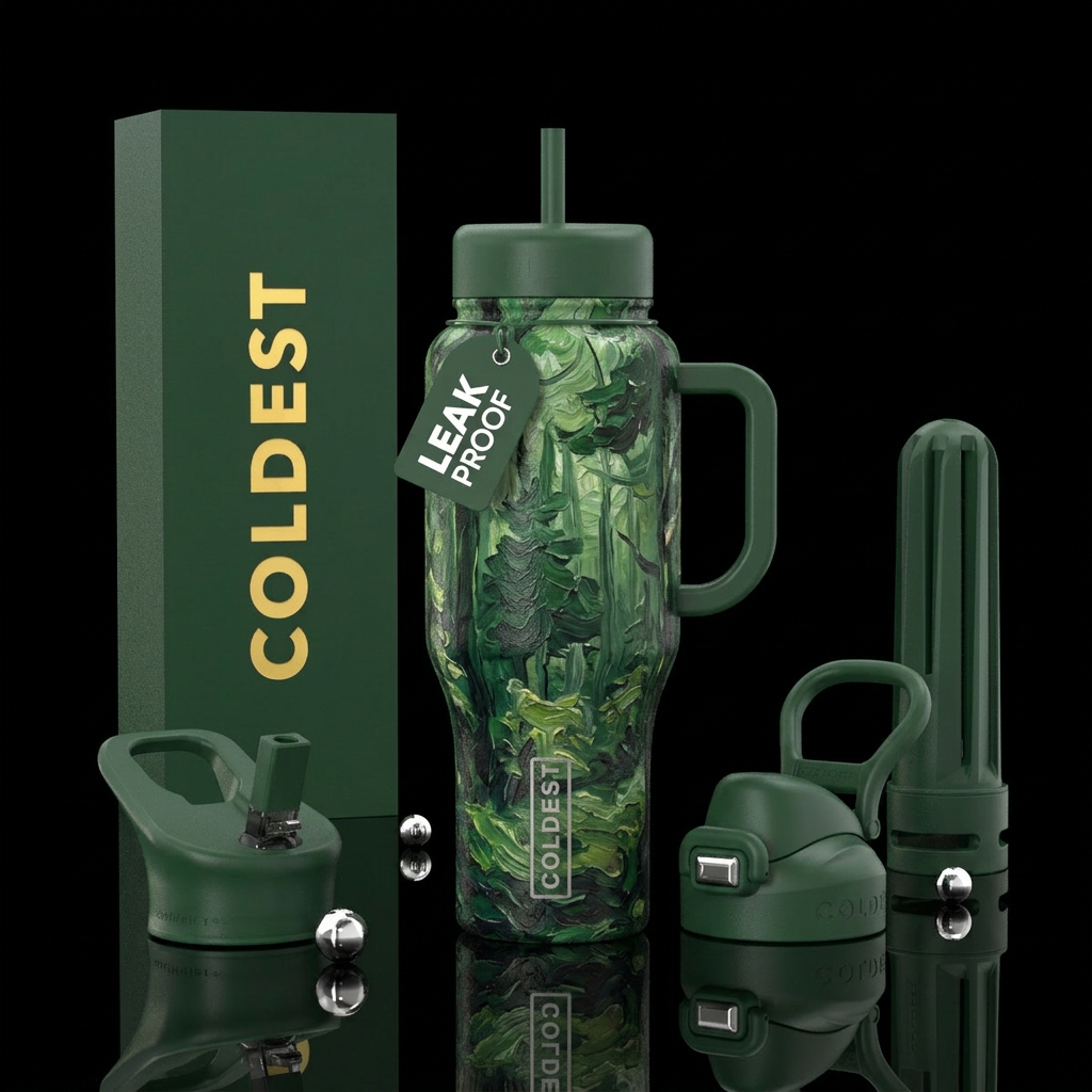 whimsical, oil painted, artistic, forest green water bottle design