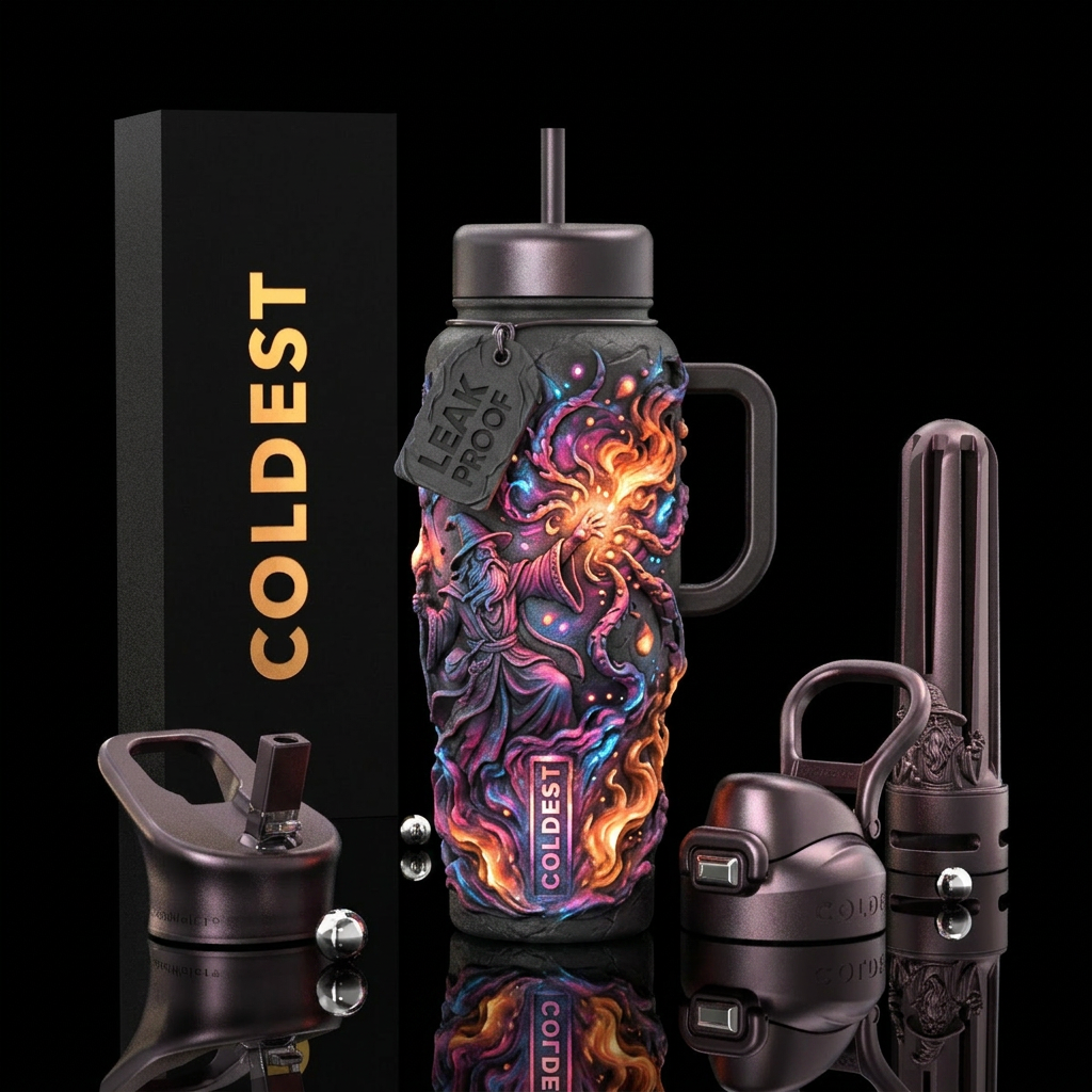 fantasy, sculpture, explosive, wizard water bottle design