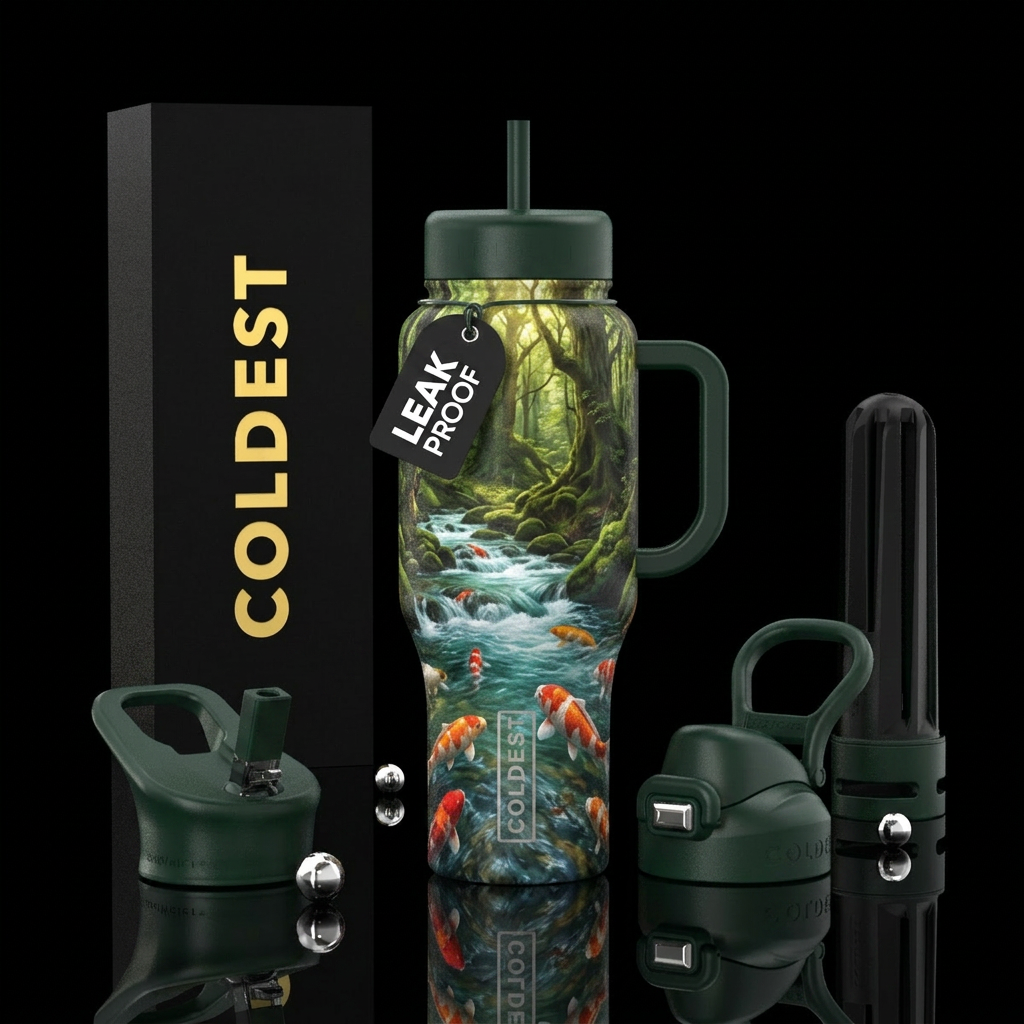 koi fish,, rushing rapids, enchanted forest water bottle design