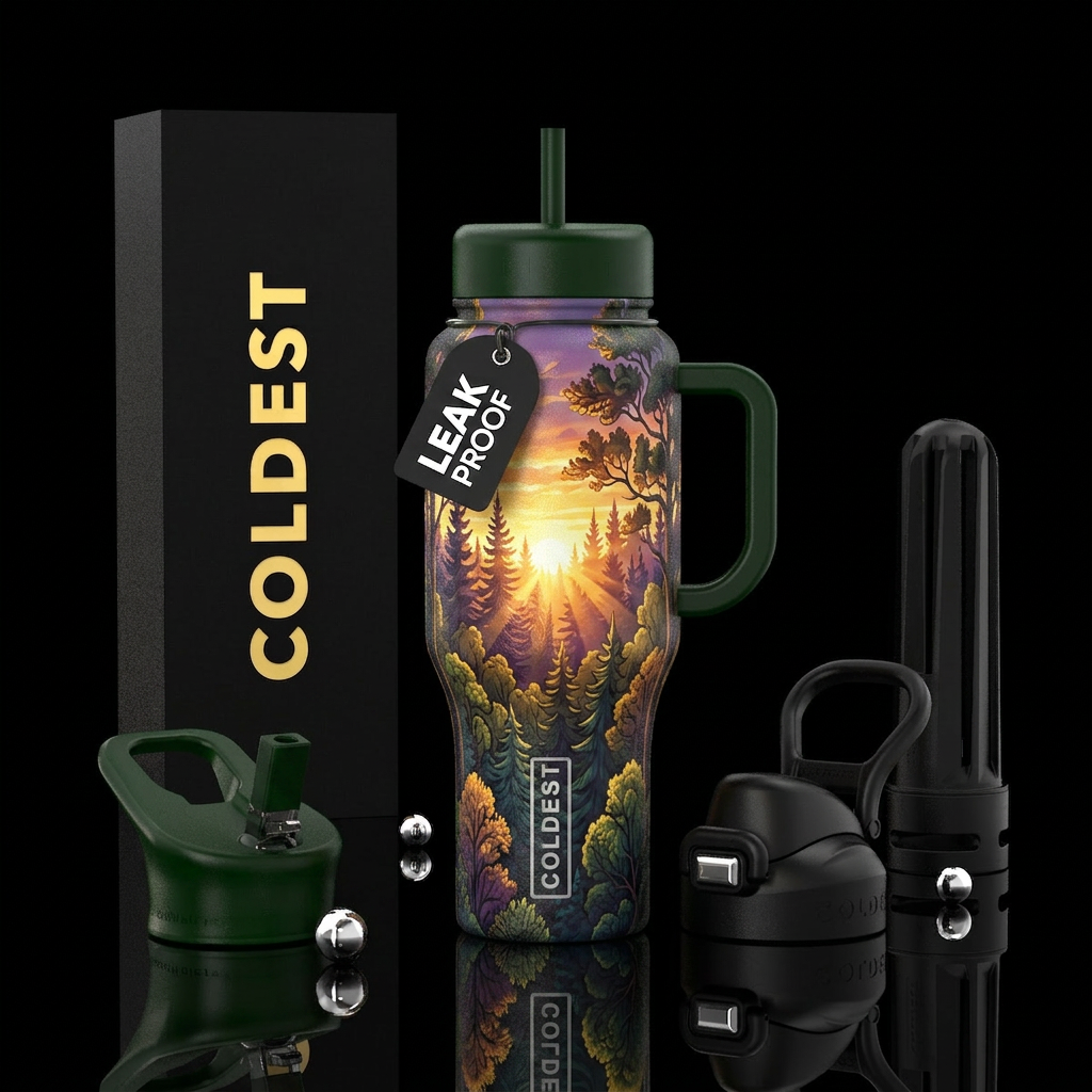 sunrise, forest, mesmerizing water bottle design