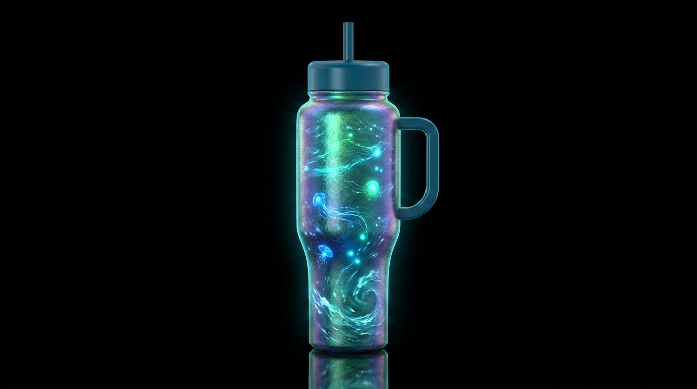 glowie, ocean, realism, iridescent water bottle design