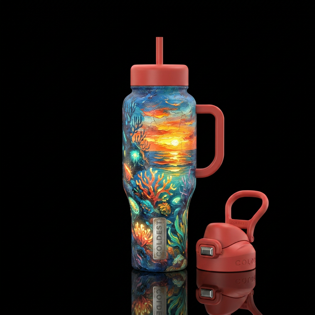 summer vibes, old, glowie, painting water bottle design