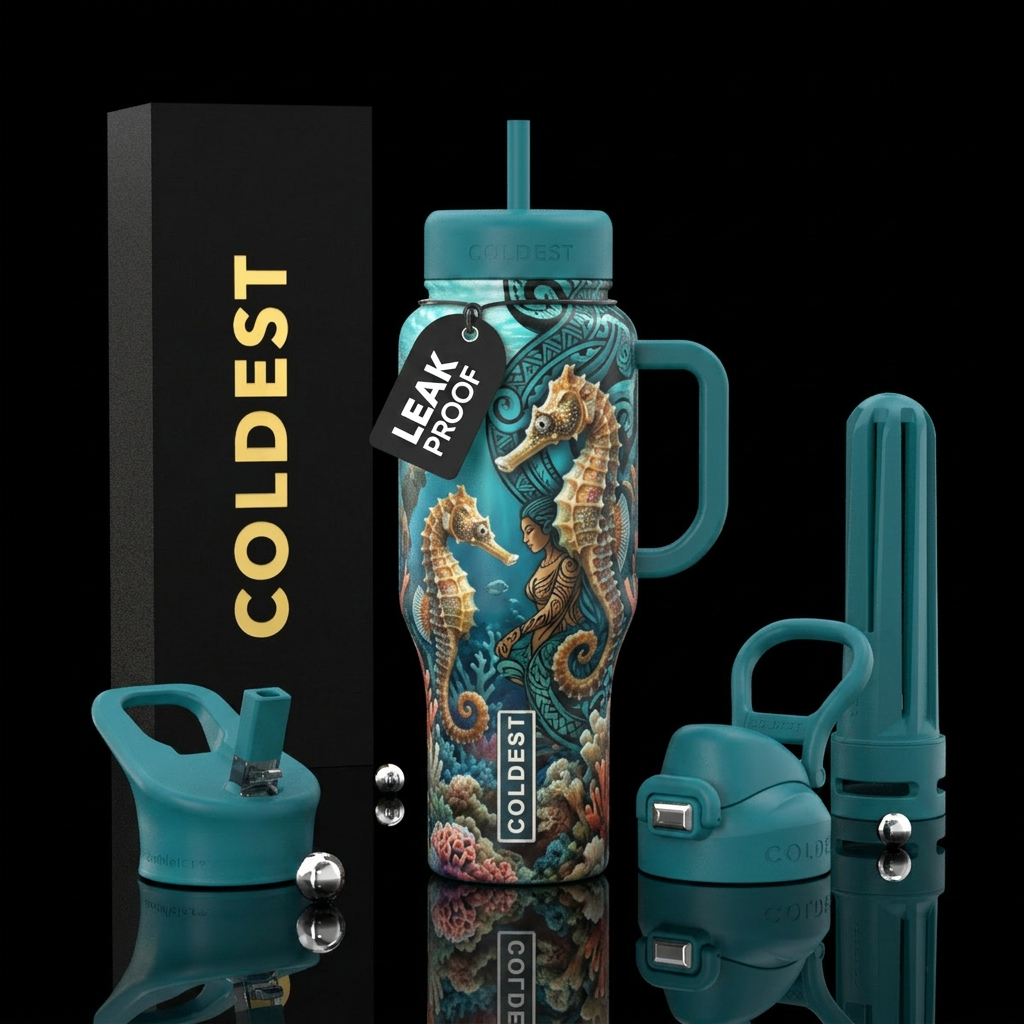 seahorse, coral, pacific islander water bottle design