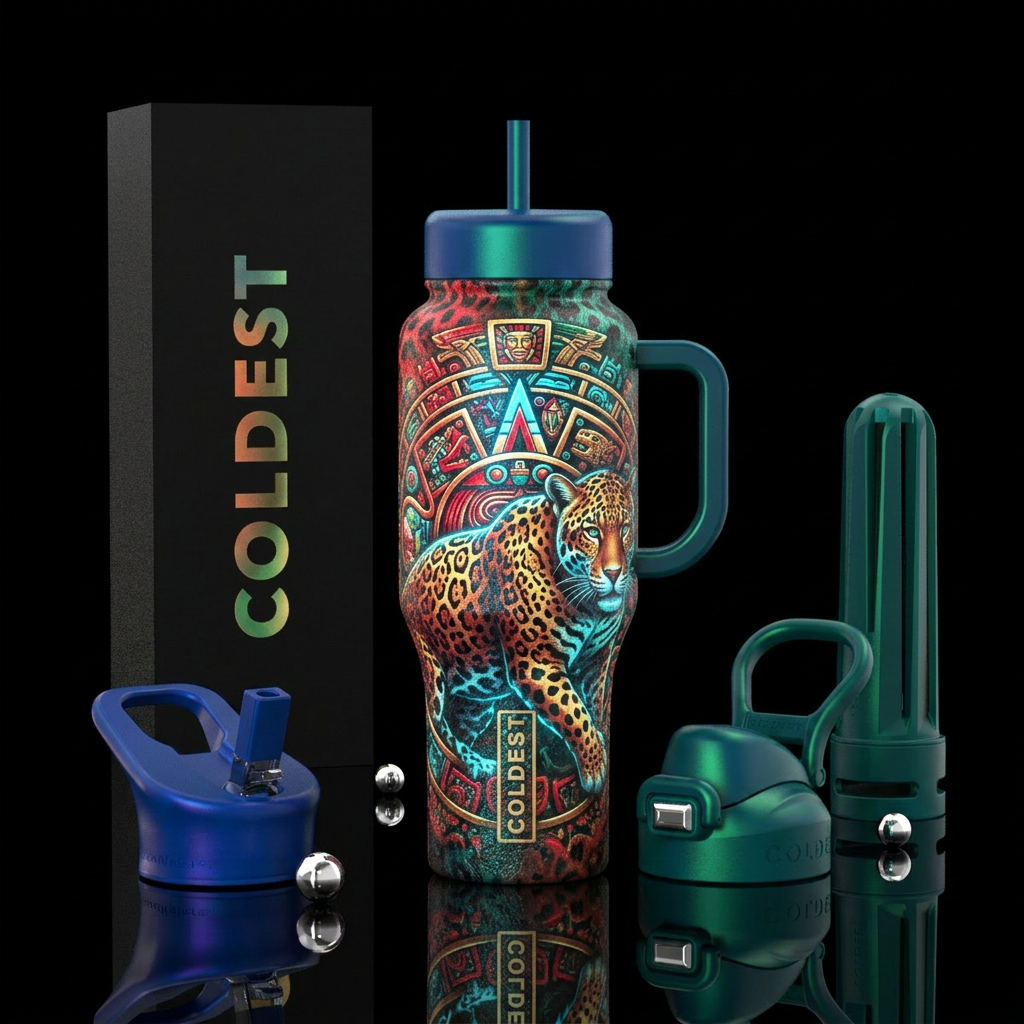 glowie, aztec, jaguar water bottle design