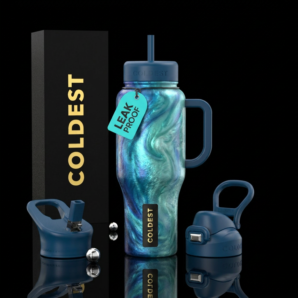 pearlescent, vibrant, ocean water bottle design