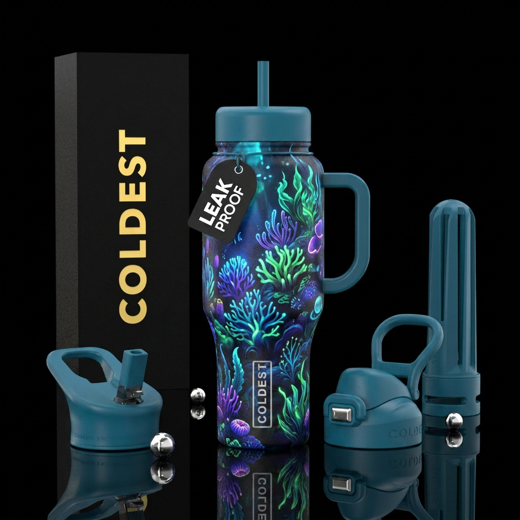 glowie, ocean, exotic plants water bottle design