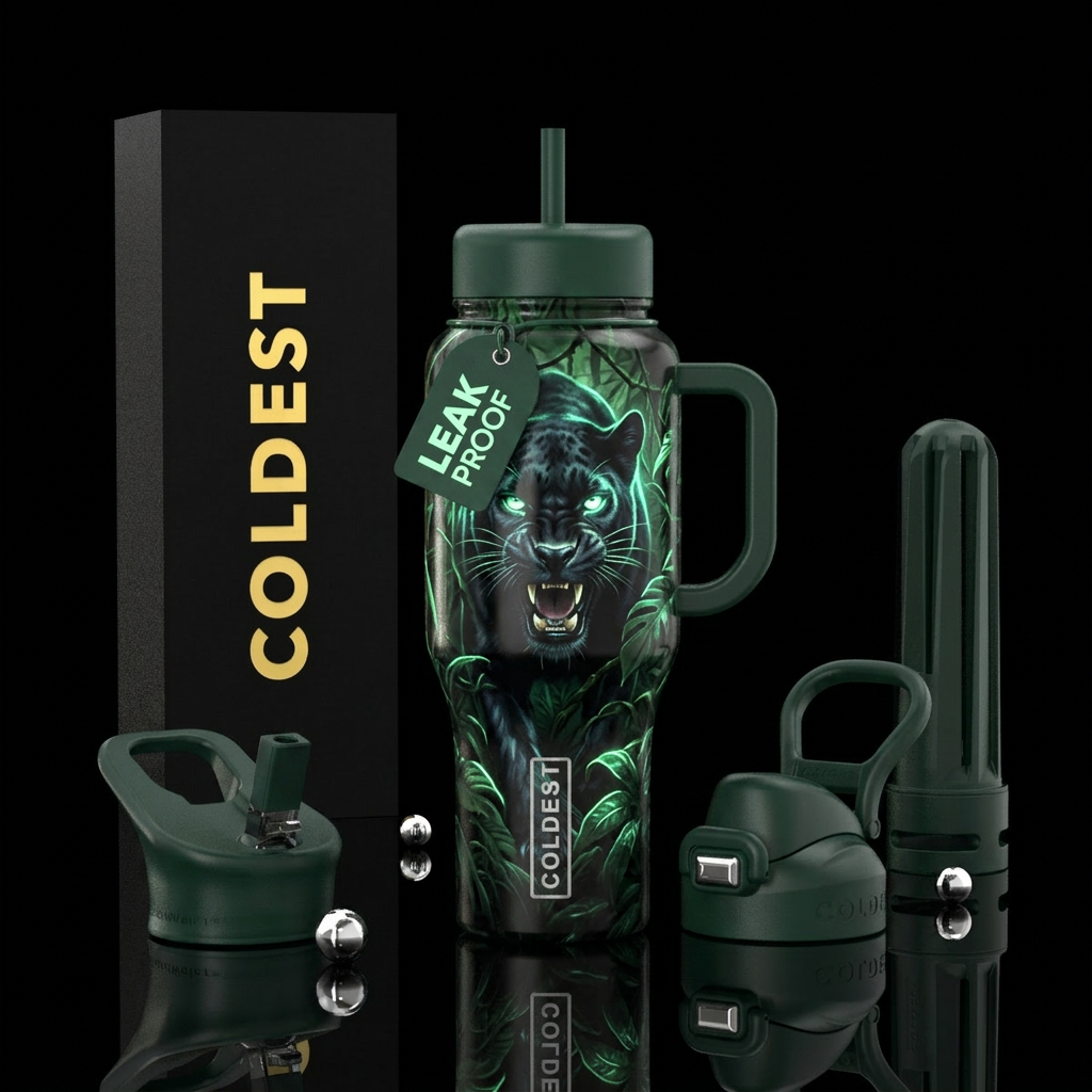 jungle, cat, scary, glowie, panther water bottle design