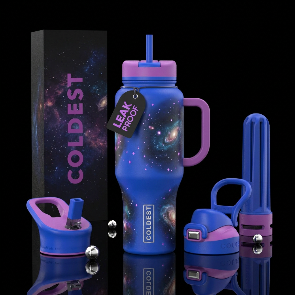 cobalt, space, orchid water bottle design