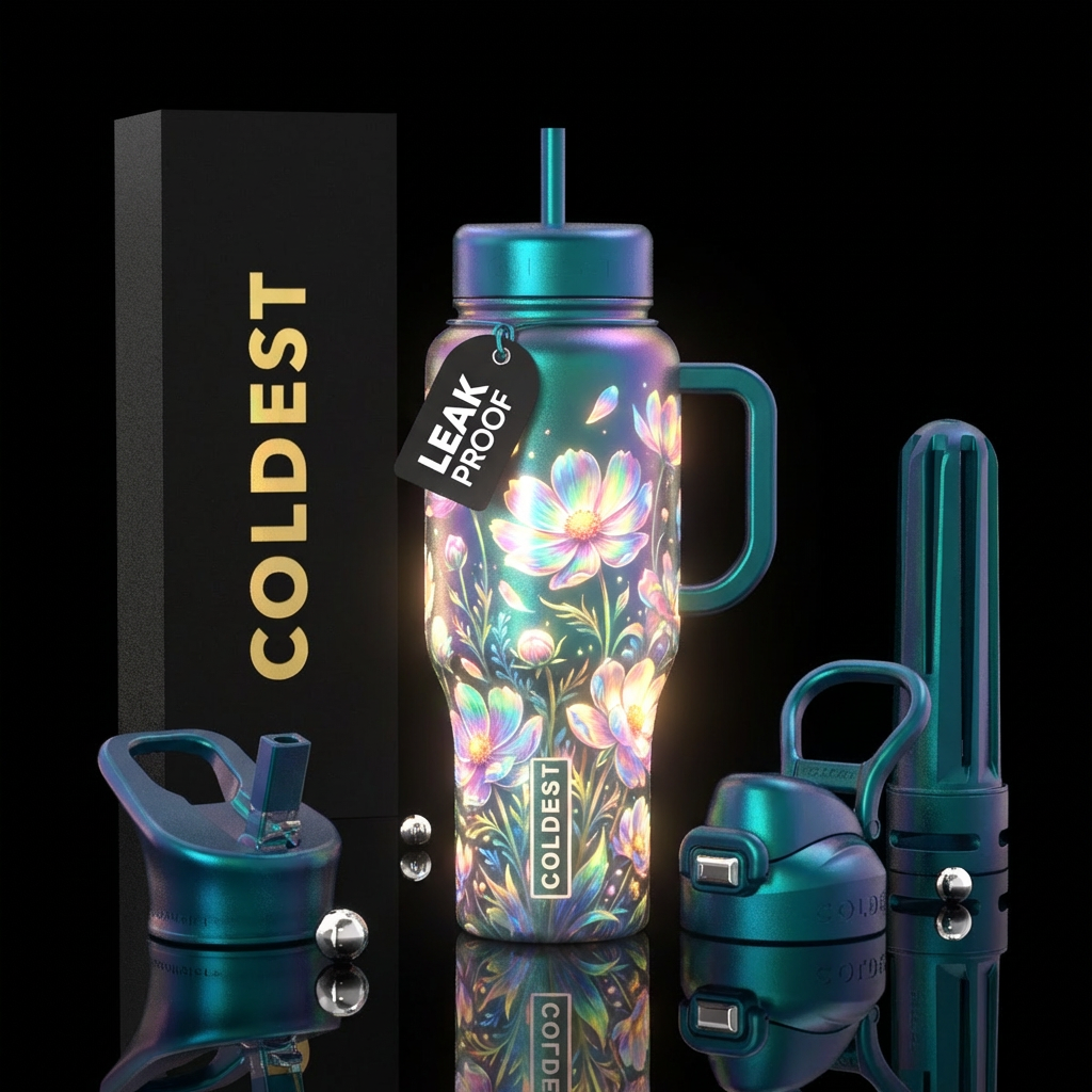 Field of blooming flowers, glowie, irridescent water bottle design