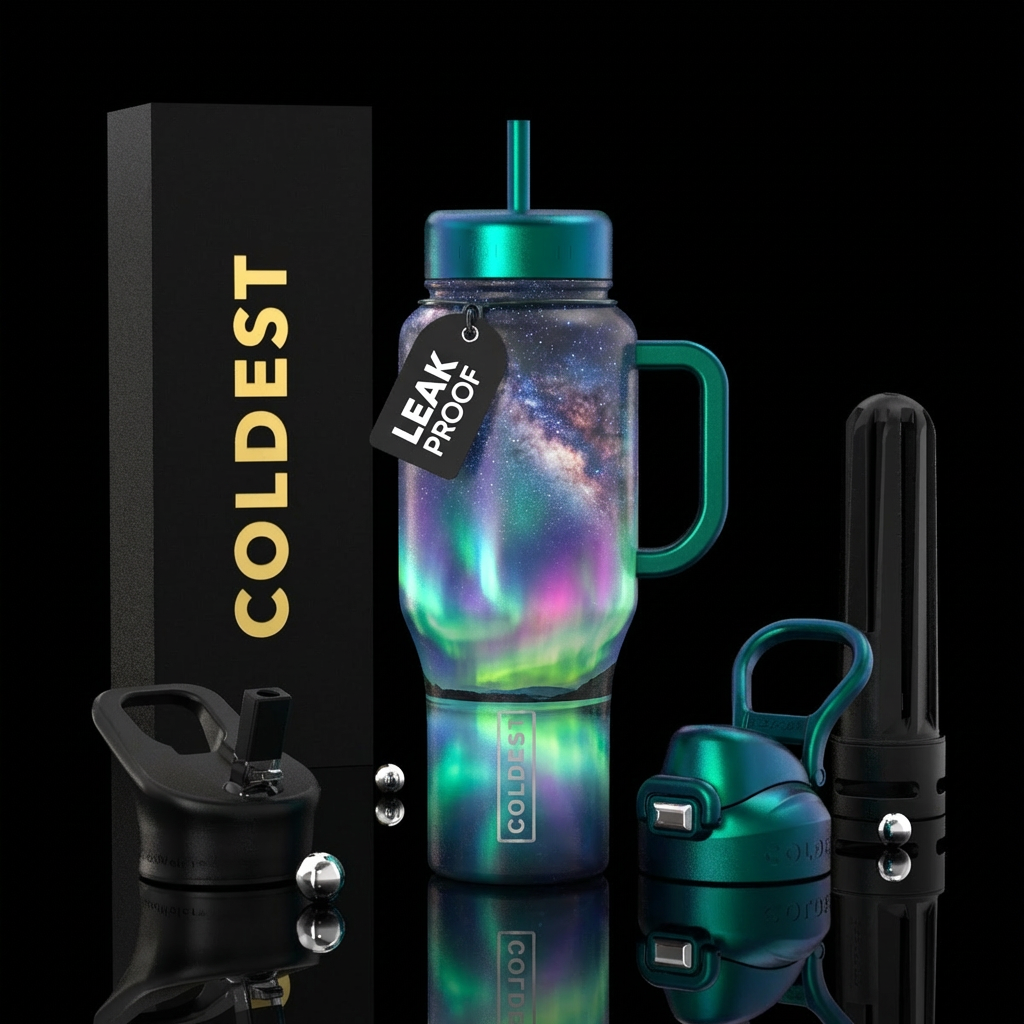 Northern lights over a lake with the milky way als... water bottle design