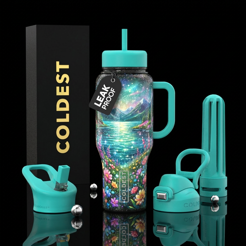 sparkly, glowie, shimmering lake with mountains in... water bottle design