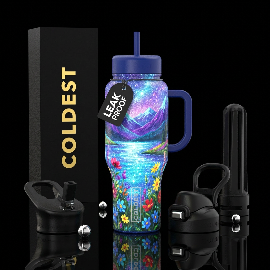 sparkly, glowie, shimmering lake with mountains in... water bottle design