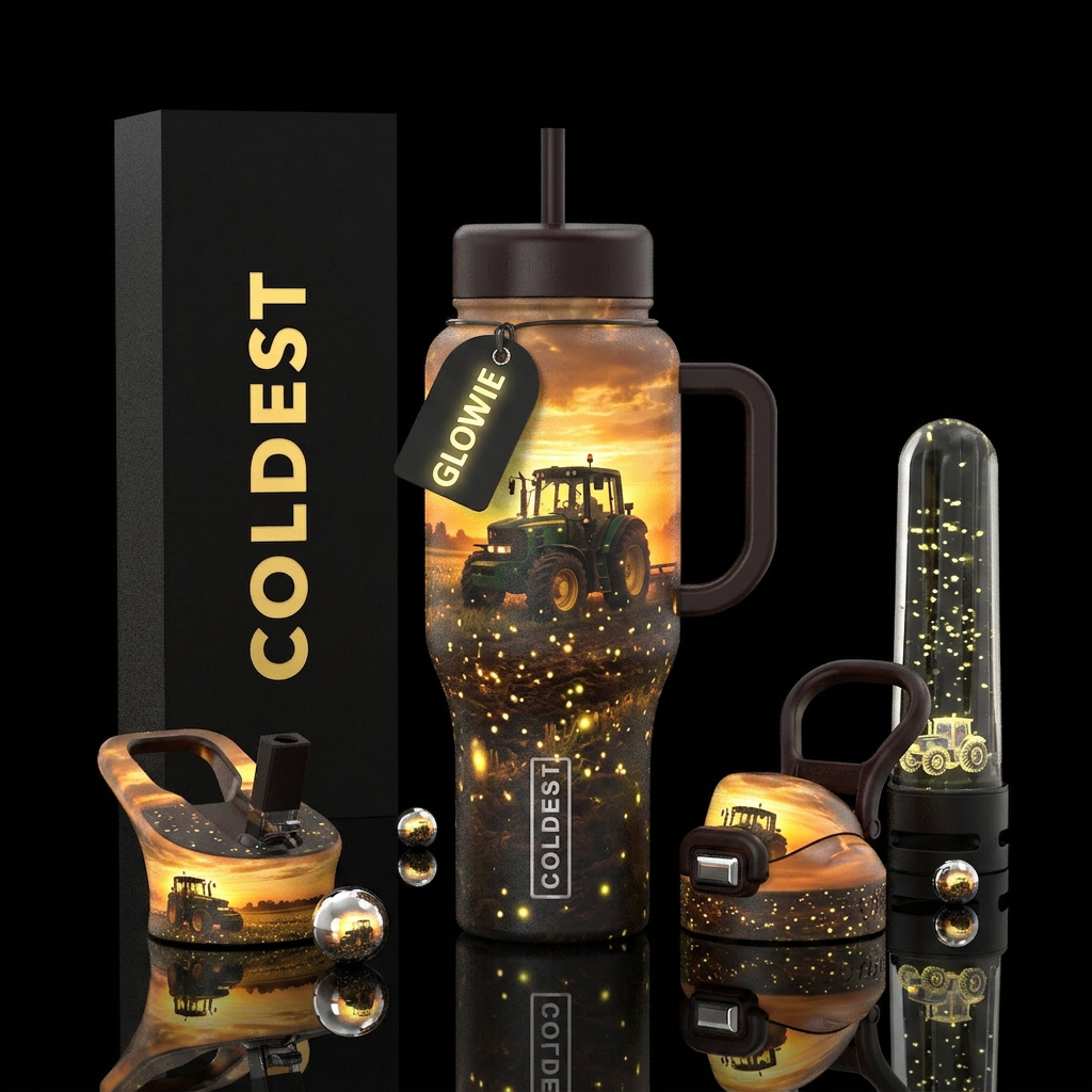 Tractor farming a field at sunset with fireflies d... water bottle design