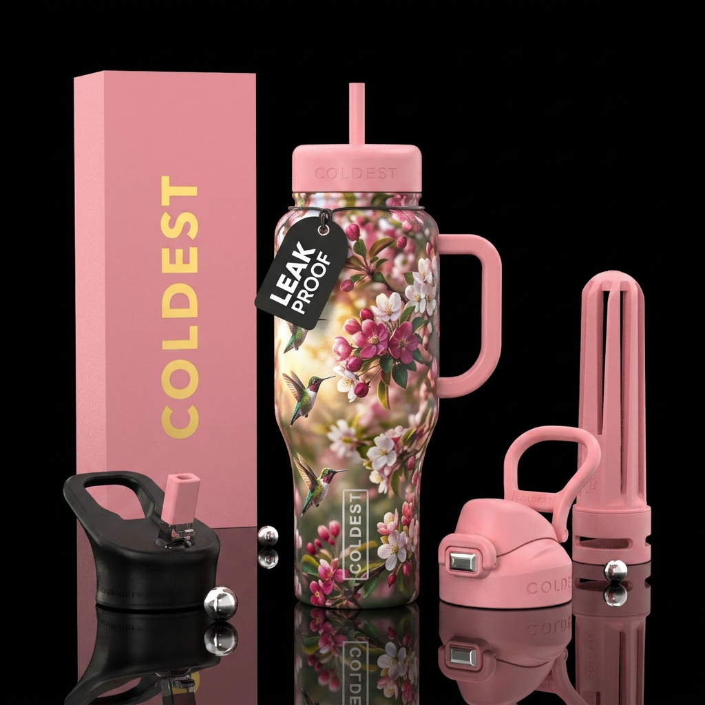 Crabapple trees in bloom, sunny day, hummingbirds ... water bottle design