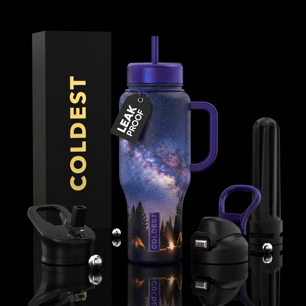 Milky way lighting up night sky while camping, glo... water bottle design