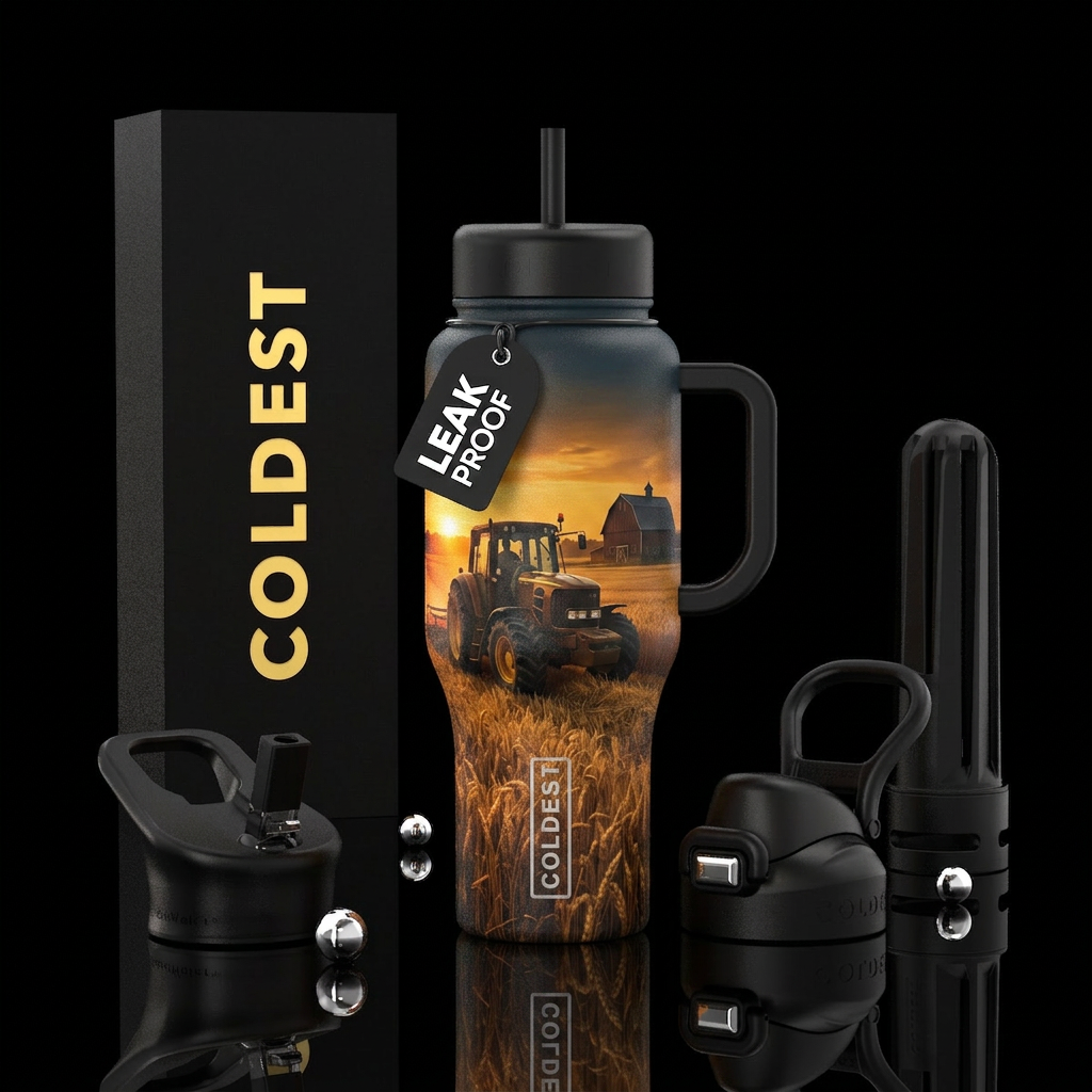Tractor harvesting wheat in fall as the sun is set... water bottle design