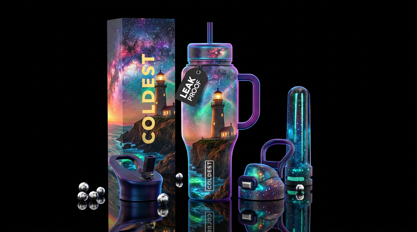 Lighthouse on a cliff with milky way glowing above... water bottle design