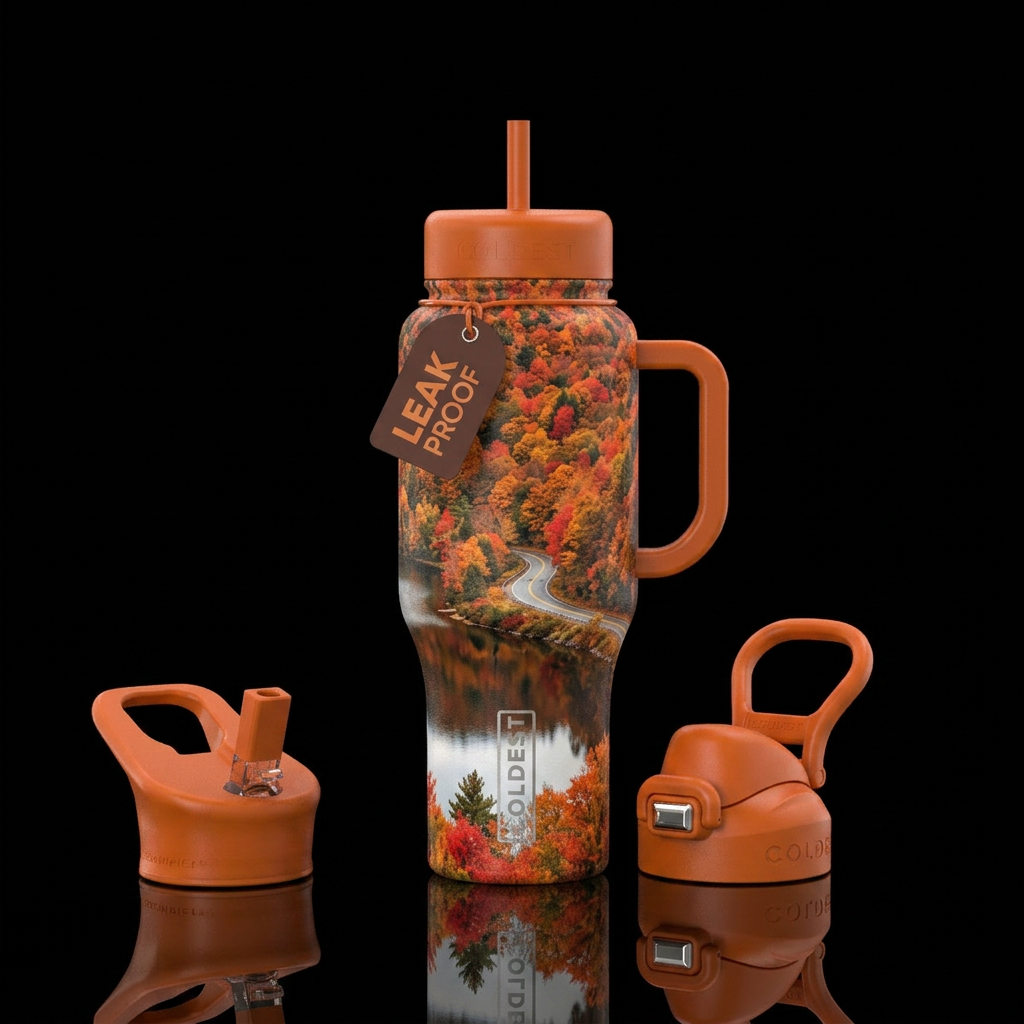 Scenic drive through changing leaves with a lake r... water bottle design