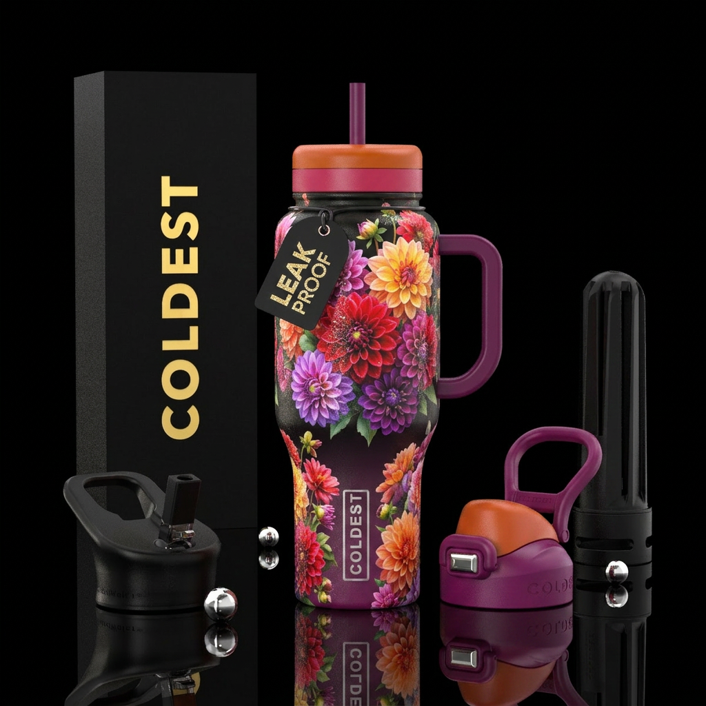 Bouquets of dahlias, glittery blooms water bottle design