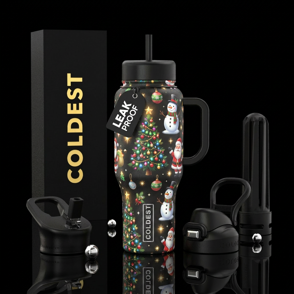 Christmas trees fully decorated including lights, ... water bottle design