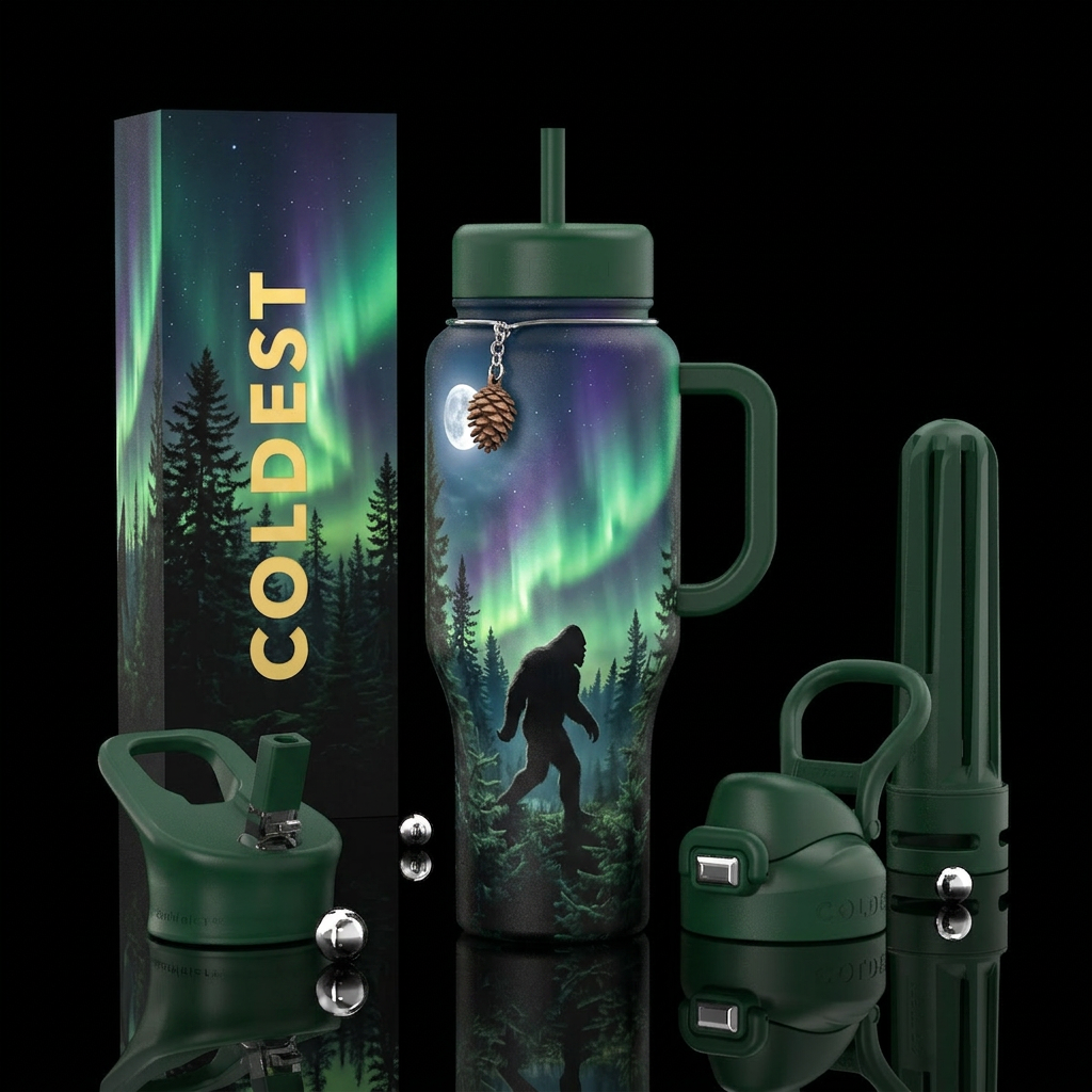 Bigfoot walking in the woods at night with norther... water bottle design
