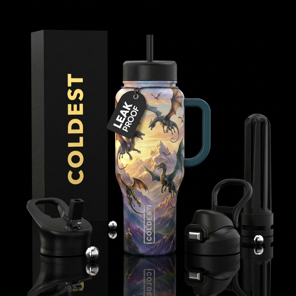 Dragons of all sizes flying at dawn through and ov... water bottle design