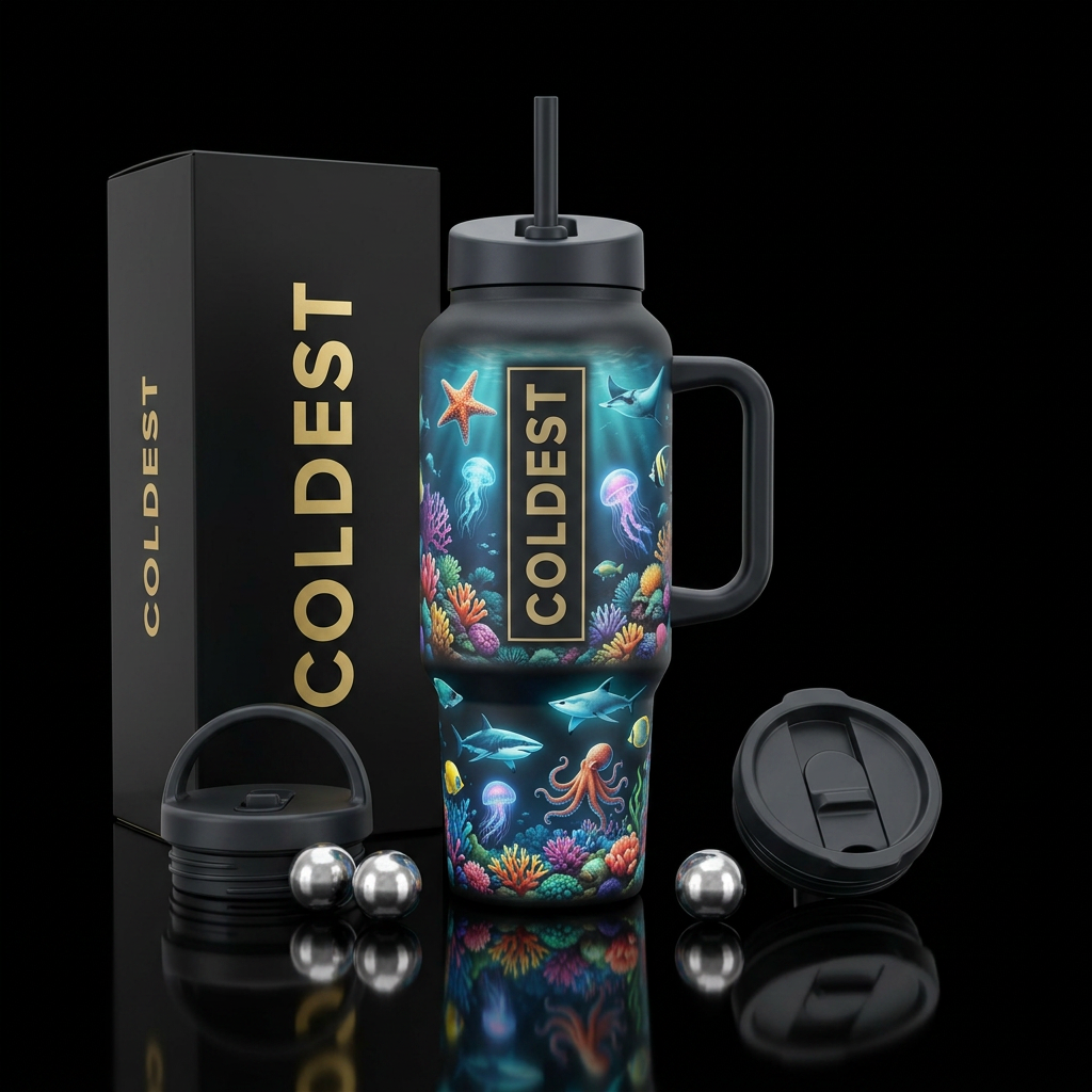Under the sea, with starfish, jellyfish, sharks, m... water bottle design