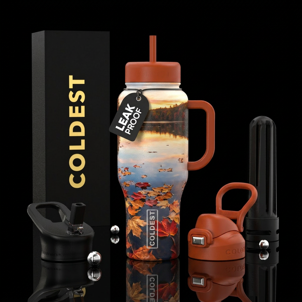Fall colored leaves floating on calm glass reflect... water bottle design