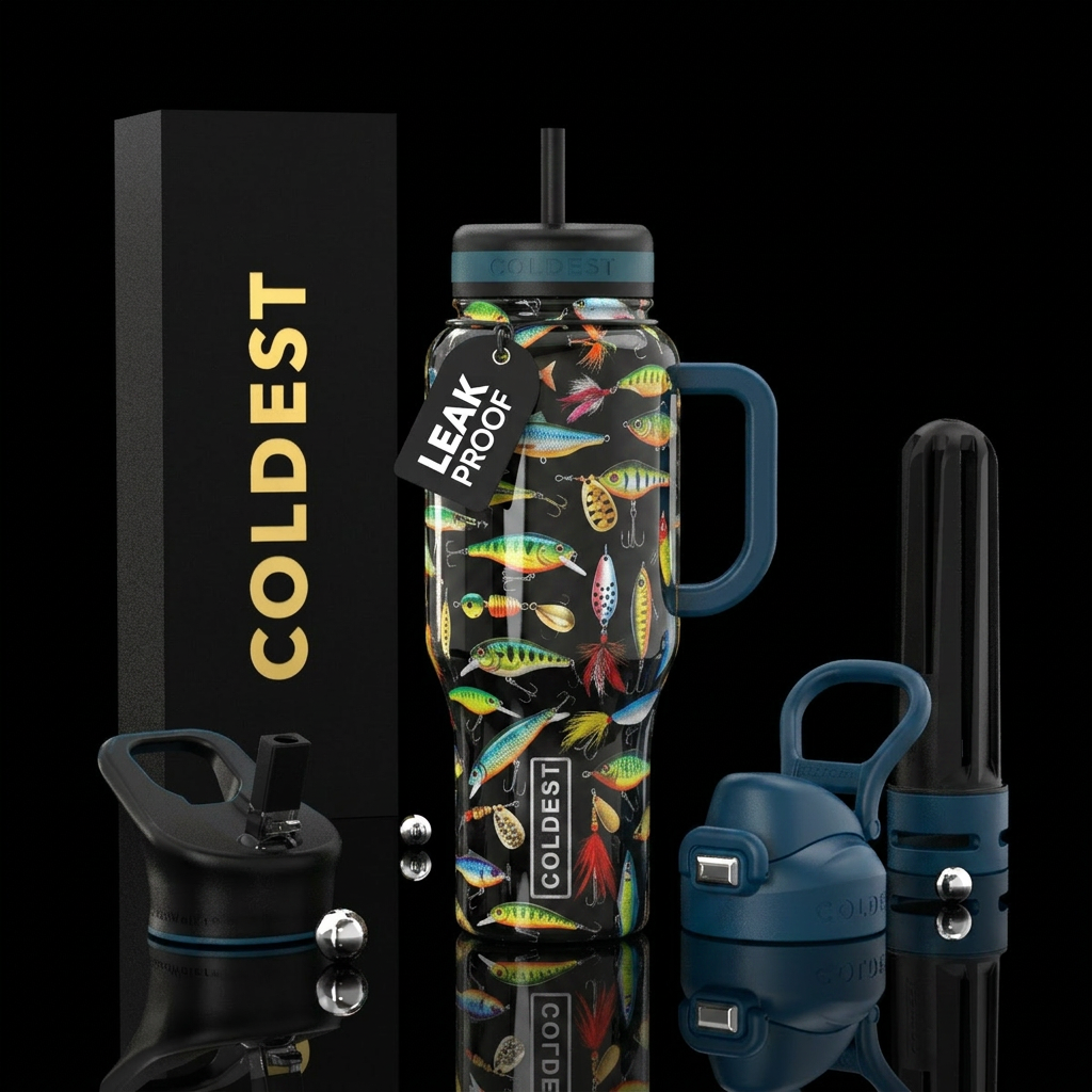 Various Fishing lures of all shapes and sizes water bottle design