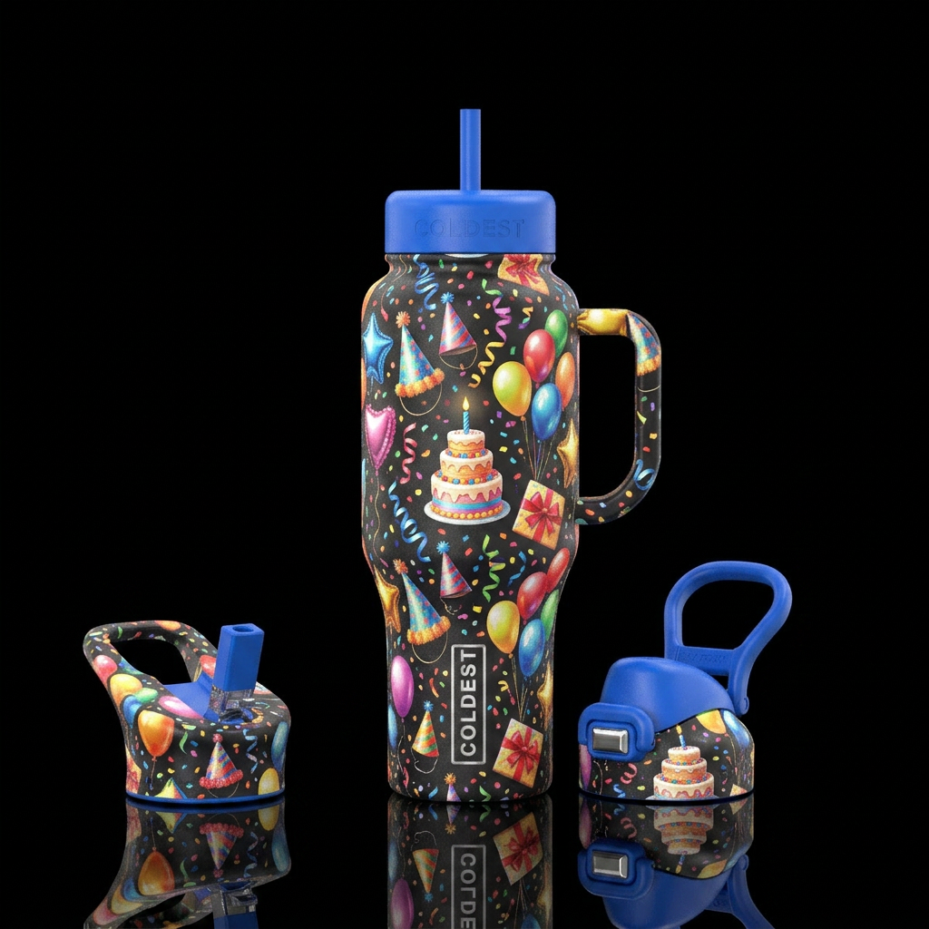 Birthday theme- balloons, party hats, birthday cak... water bottle design