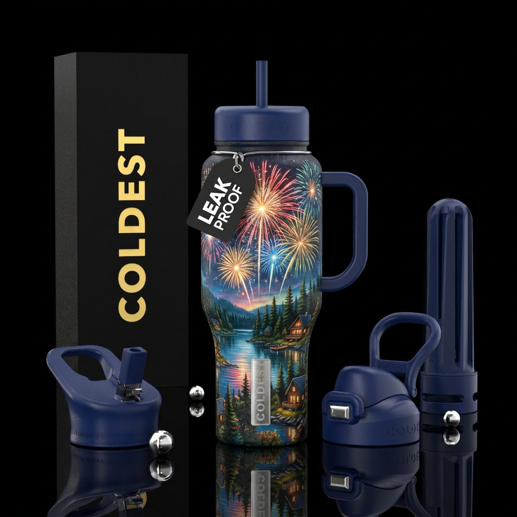 Fireworks exploding over a lake surrounded by cabi... water bottle design