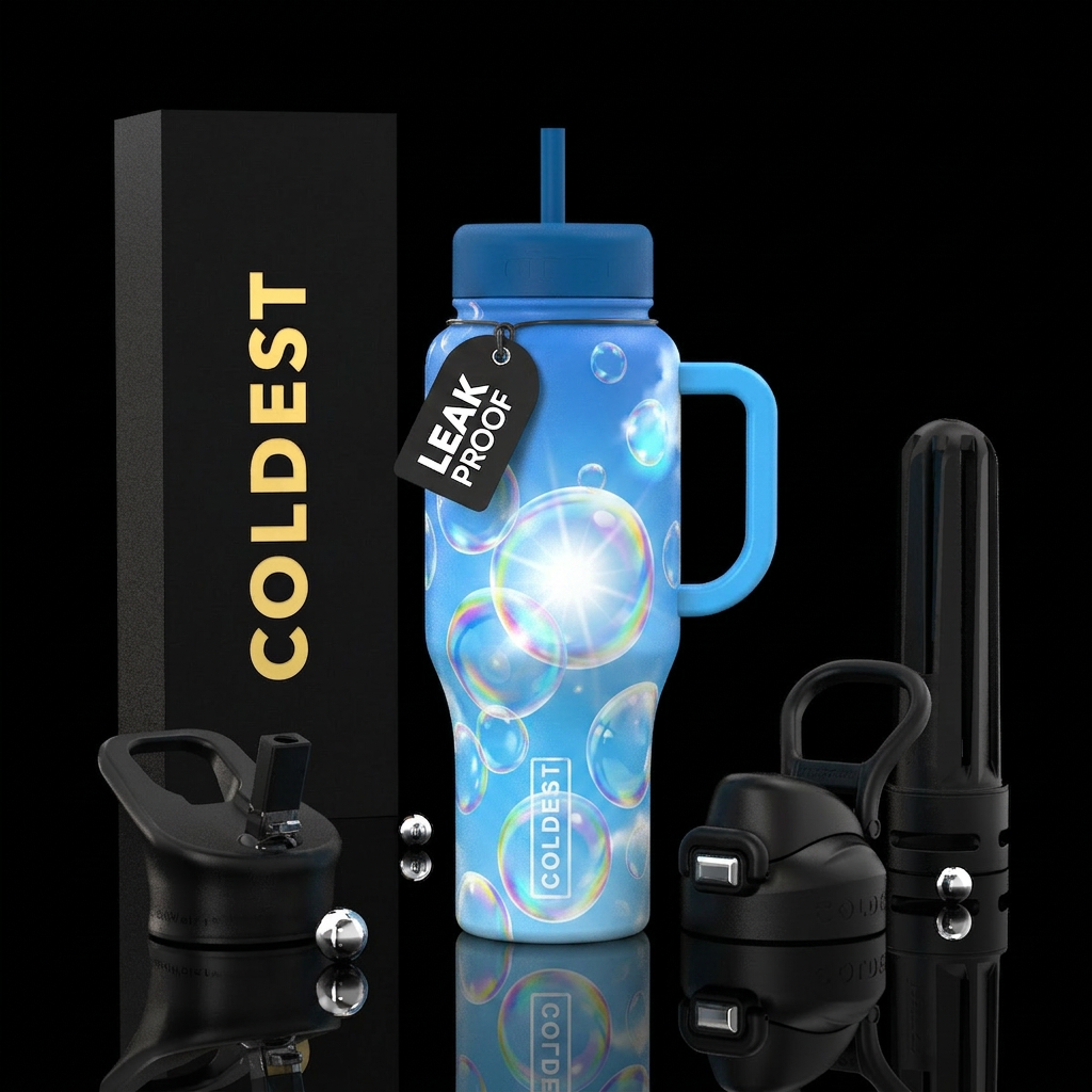 Bubbles floating in the sky on a clear day reflect... water bottle design