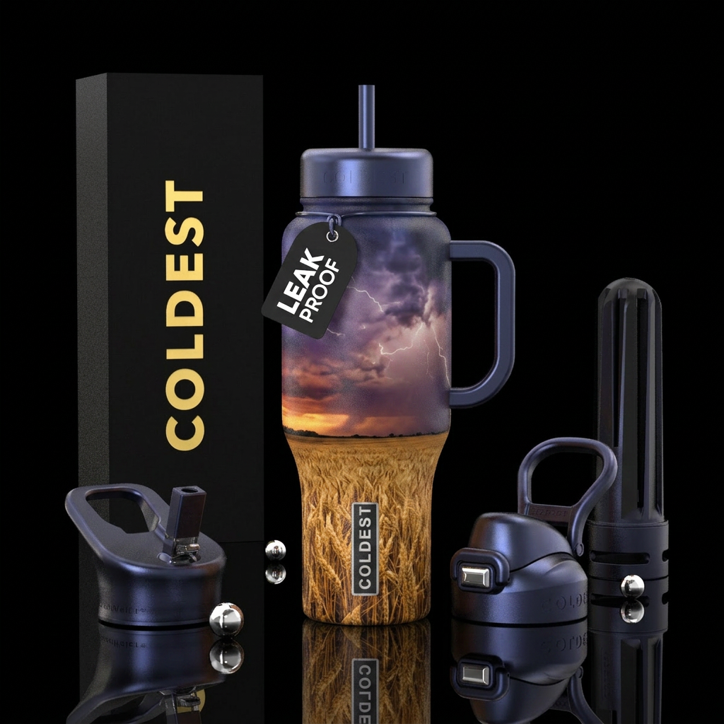 Thunderstorm at dusk over a wheat field water bottle design