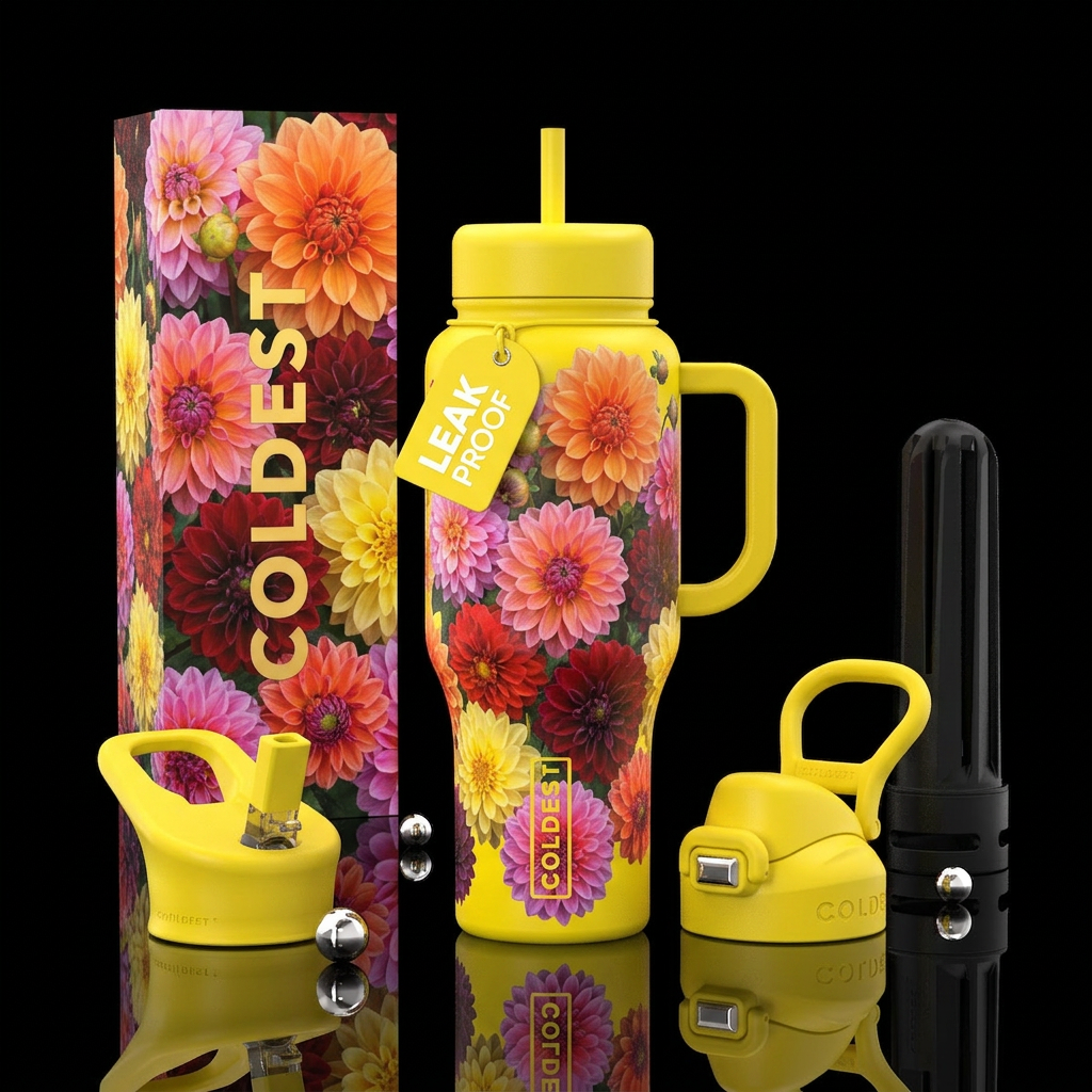 Colorful dahlias on a yellow cup water bottle design